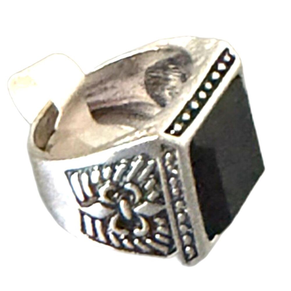 NWT Unisex Silver Tone Black Stone Square Statement Ring Size 6.5 Gothic Bold